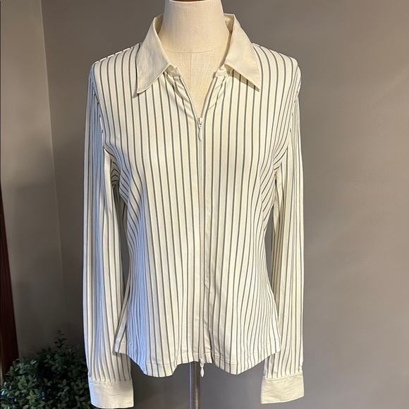 Boston Proper white striped STRETCH 2 way ZIPPED shirt jacket lightweight Med - Picture 1 of 14